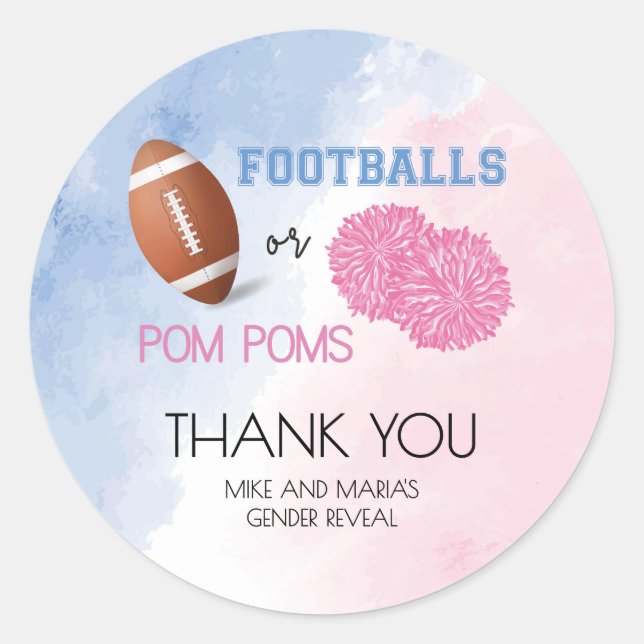 Footballs or Pom Poms gender reveal stickers (Front)