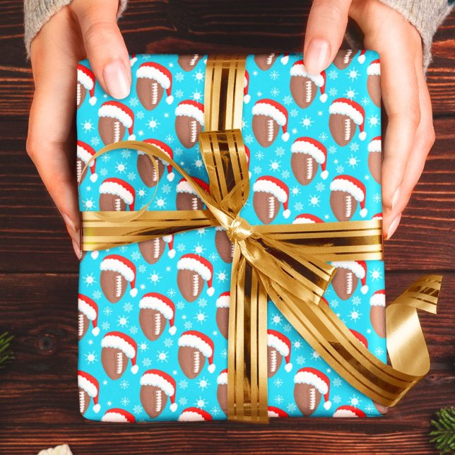 Footballs Santa's Hat & Snowflakes Aqua Wrapping Paper (Creator Uploaded)