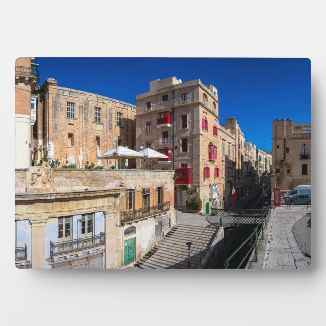 Footbridge, narrow street with stairs in Valletta Plaque (Front)
