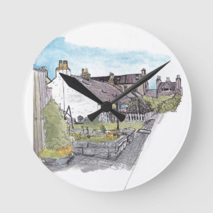 Footdee Aberdeen Fishing Village Watercolor Round Clock
