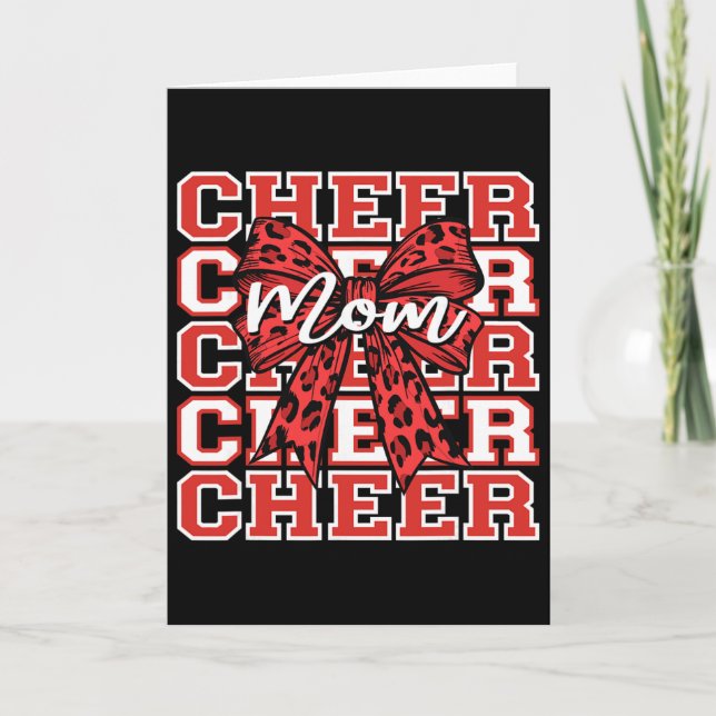 Footll Cheer Mom Game Day Red Leopard Bow Cheerlea Card (Front)