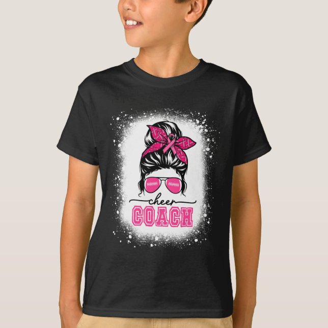 Footll Messy Bun Mom Cheer Coach Breast Cancer Ble T-Shirt (Front)