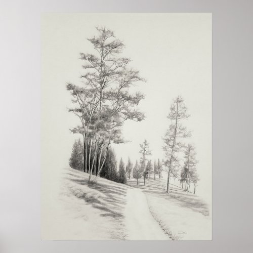 Footpath and trees Sketch vintage etching pencil Poster