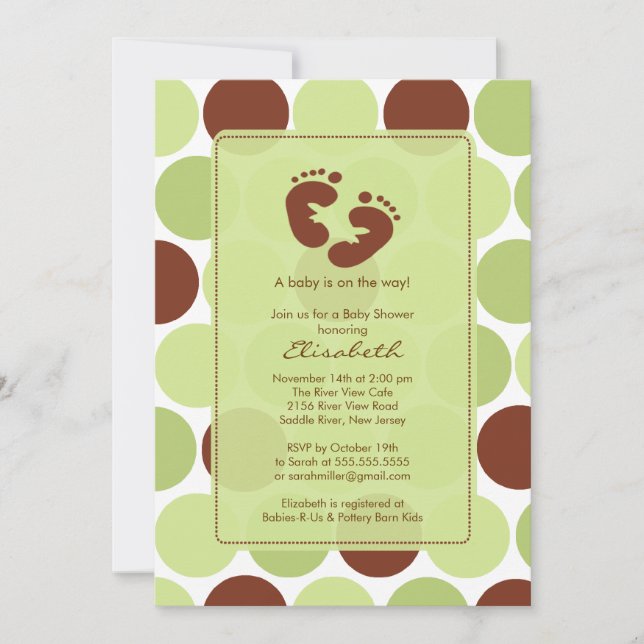 Footprint Baby Shower Invitation Green Polka Dots (Front)