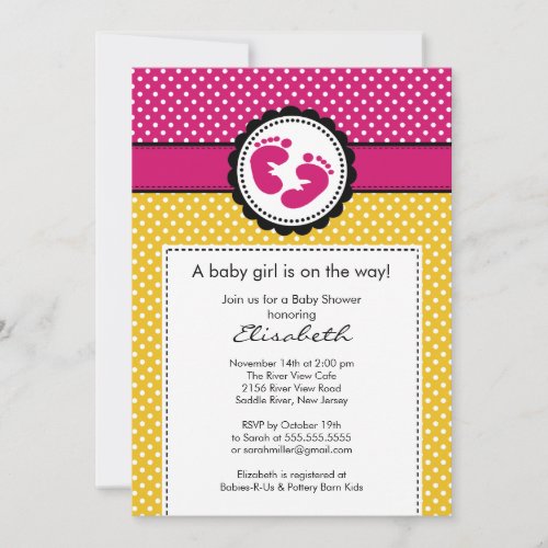 Footprint Baby Shower Invitation Pink Polka Dots