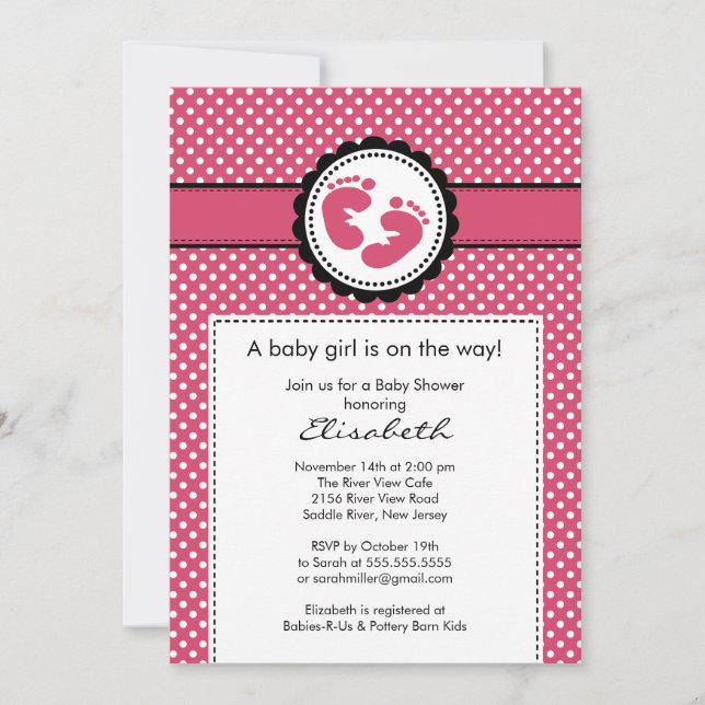 Footprint Baby Shower Invitation Pink Polka Dots (Front)