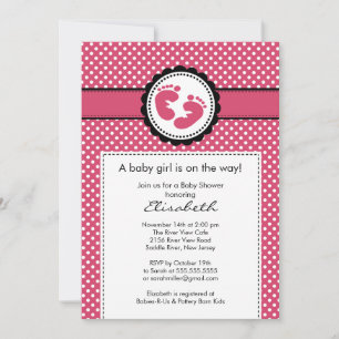 Footprint Baby Shower Invitation Pink Polka Dots