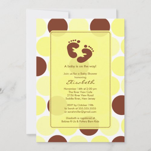 Footprint Baby Shower Invitation Yellow Polka Dots