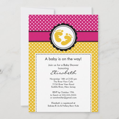 Footprint Baby Shower Invitation Yellow Polka Dots