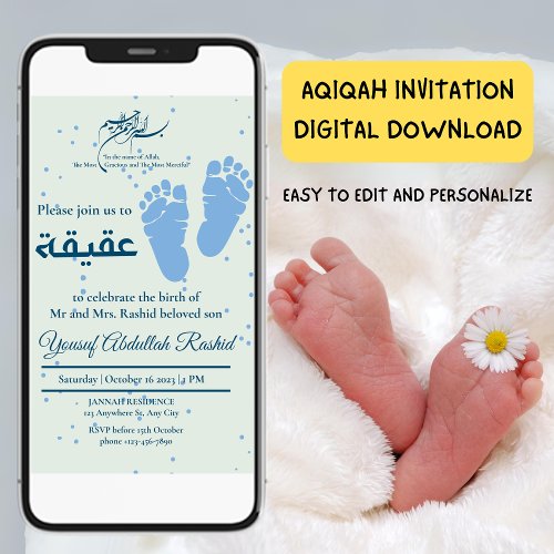Footprint Newborn Baby Boy Muslim Aqiqah Aqeeqa Invitation