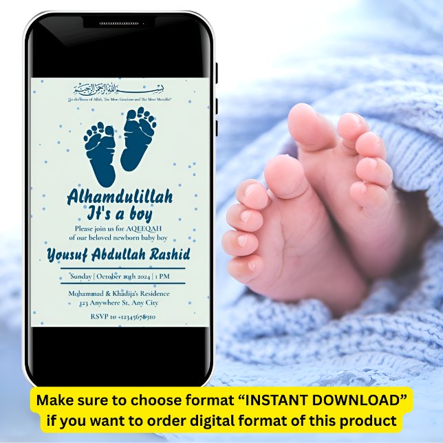 Footprint Newborn Baby Boy Muslim Aqiqah Invitation (Creator Uploaded)