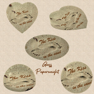 Footprints Beach Lovers Kiss in the Sand Glass Paperweight