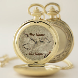 Footprints in Sand Kiss His and Her Names Pocket Watch