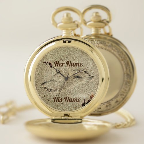 Footprints in Sand Kiss His and Her Names Pocket Watch