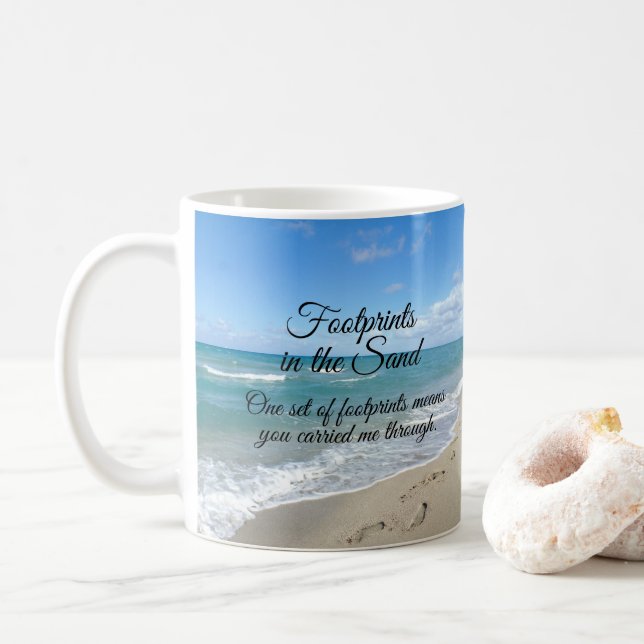 Footprints in the Sand Inspirational Christian Coffee Mug (With Donut)