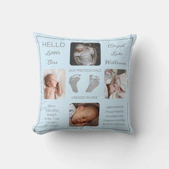 Footprints Multiple Photo Blue Birth Keepsake Throw Pillow (Front)
