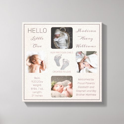 Footprints Multiple Photo Blush Birth Keepsake Canvas Print