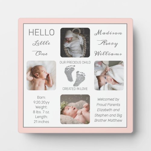 Footprints Multiple Photo Blush Birth Keepsake Plaque