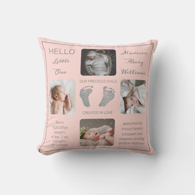 Footprints Multiple Photo Blush Birth Keepsake  Throw Pillow (Front)
