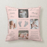 Footprints Multiple Photo Blush Birth Keepsake  Throw Pillow<br><div class="desc">Create a birth memento that is as unique as your precious child with this "Hello Little One" four photo design featuring your baby's name, birth statistics, parents and siblings' names. In the center are two template lines for your personal message or you can use ours. This messaging is on top...</div>