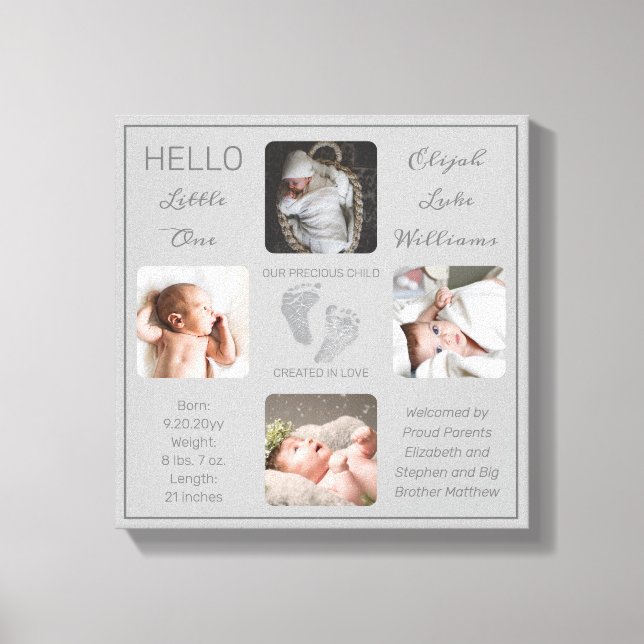 Footprints Multiple Photo Gray Birth Keepsake Canvas Print (Front)