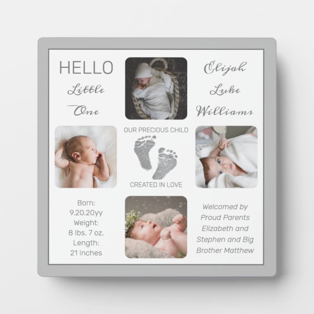 Footprints Multiple Photo Gray Birth Keepsake  Plaque (Front)