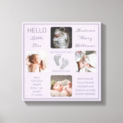 Footprints Multiple Photo Lavender Birth Keepsake Canvas Print