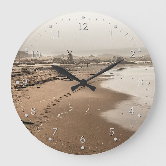 Footprints on a Foggy Beach Large Clock (Front)