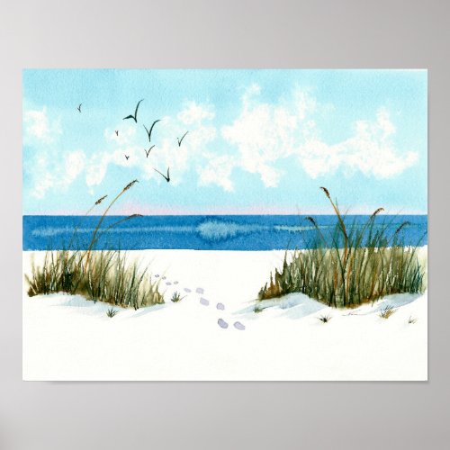 Footprints on the Beach watercolor painting Poster