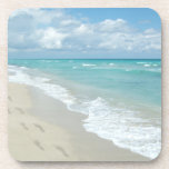 Footprints on White Sandy Beach, Scenic Aqua Blue Beverage Coaster