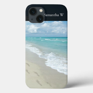 Footprints on White Sandy Beach, Scenic Aqua Blue iPhone 13 Case