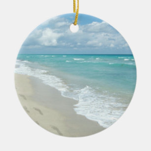 Footprints on White Sandy Beach, Scenic Aqua Blue Ceramic Ornament