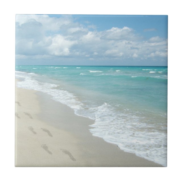 Footprints on White Sandy Beach, Scenic Aqua Blue Ceramic Tile (Front)