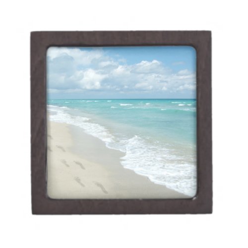 Footprints on White Sandy Beach Scenic Aqua Blue Gift Box