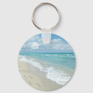 Footprints on White Sandy Beach, Scenic Aqua Blue Keychain