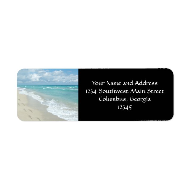 Footprints on White Sandy Beach, Scenic Aqua Blue Label (Front)