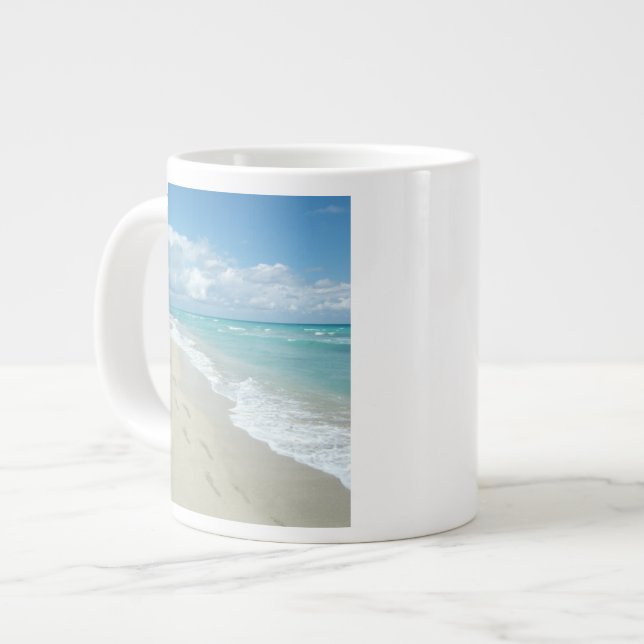 Footprints on White Sandy Beach, Scenic Aqua Blue Large Coffee Mug (Front Left)