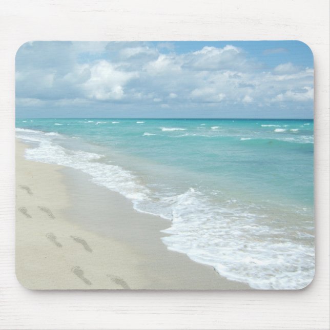 Footprints on White Sandy Beach, Scenic Aqua Blue Mouse Pad (Front)