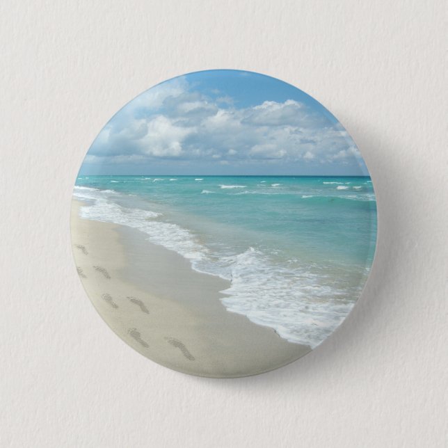 Footprints on White Sandy Beach, Scenic Aqua Blue Pinback Button (Front)