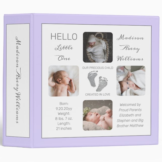 Footprints Photo Album Lavender Birth Keepsake  3 Ring Binder (Front/Spine)