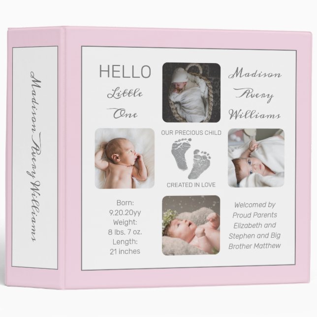 Footprints Photo Album Pink Birth Keepsake 3 Ring Binder (Front/Spine)