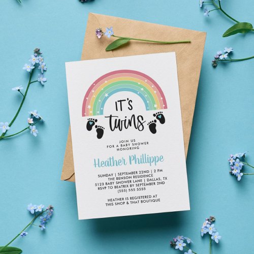 Footprints Rainbow Boy Twins Blue Baby Shower Invi Invitation