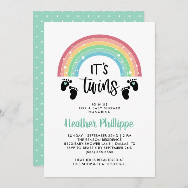 Footprints Rainbow It's Twins Baby Shower Invitation (Front/Back)