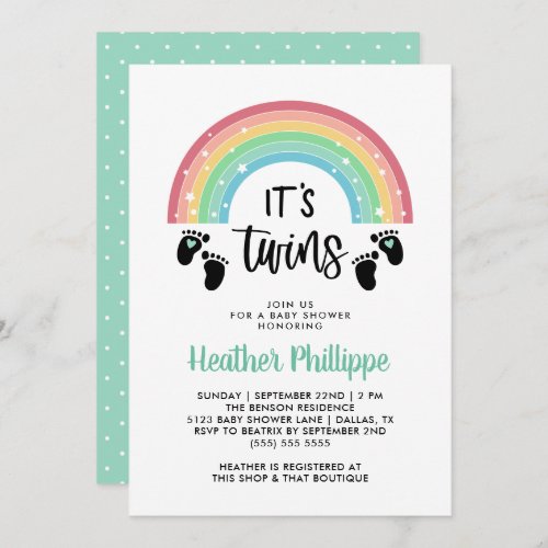 Footprints Rainbow Its Twins Baby Shower Invitation