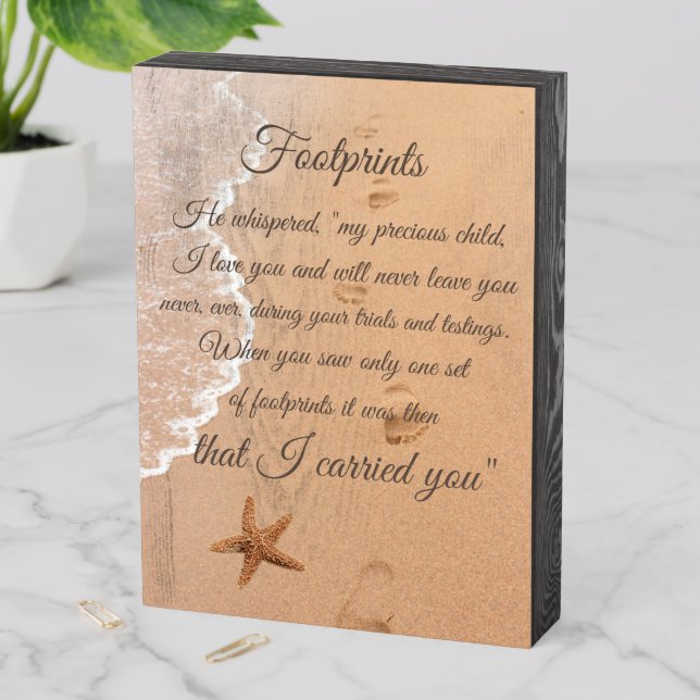 Footsteps in the Sand Beach Christian Message Wooden Box Sign (In Situ Vertical)