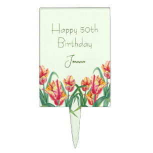 For 50th Birthday Watercolor Yellow Parrot Tulips Cake Topper