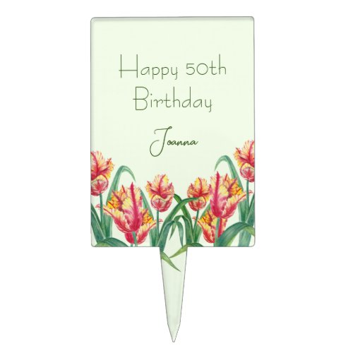 For 50th Birthday Watercolor Yellow Parrot Tulips Cake Topper