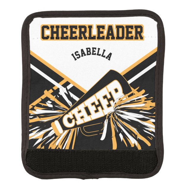For a Cheerleader - Black, White & Gold Luggage Handle Wrap (Front)