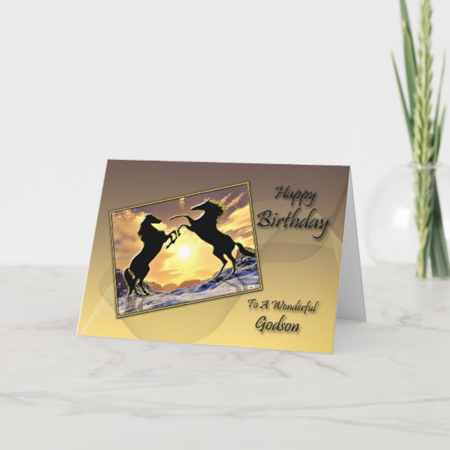 For a godson, a Birthday card with rearing horses (Front)
