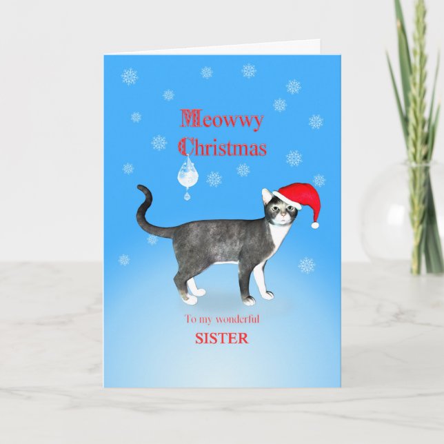 For a sister, Meowwy Christmas cat Holiday Card (Front)
